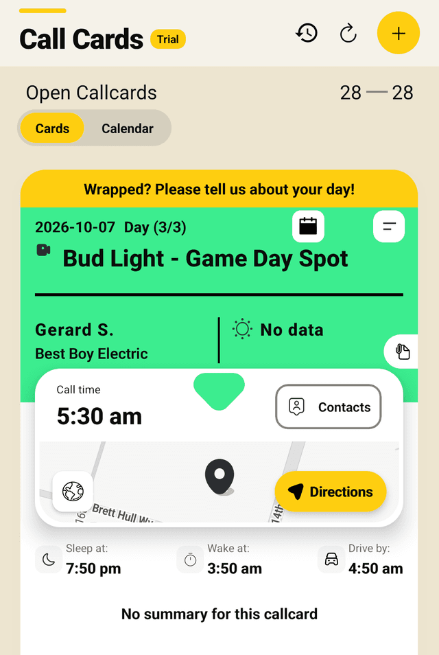 A call card for a three-day commercial shoot, showing the call time, role, location map with directions, and sleep, wake and drive-by times