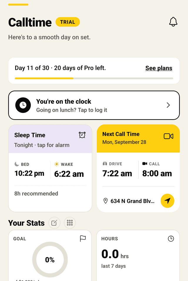 The CallTime home screen: a trial progress banner, tonight's bed and wake times, the next call time with drive-by time and location, and a stats board