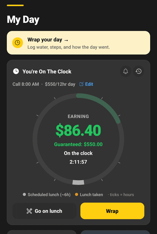 The My Day screen in dark mode after wrapping, with total hours worked on a clock ring and both meal breaks logged